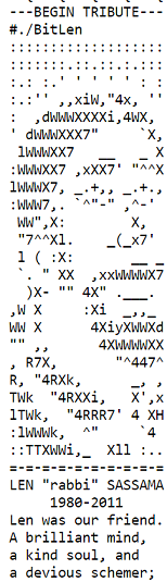 ビットコインのブロックチェーンに刻まれたレン・サスマン追悼 ASCII アート